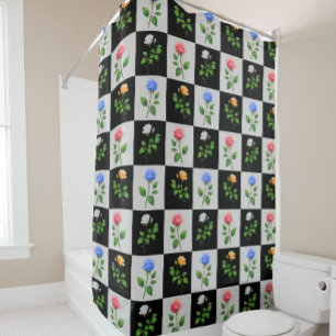 Chequered Multicolored Rose Floral Design  Shower Curtain