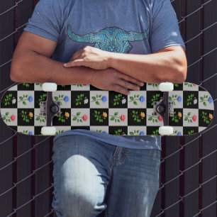 Chequered Multicolored Rose Floral Design  Skateboard