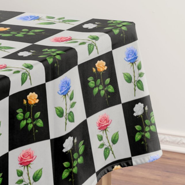 Chequered Multicolored Rose Floral Design  Tablecloth (Creator Uploaded)