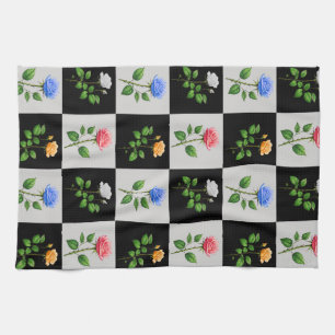 Chequered Multicolored Rose Floral Design Tea Towel