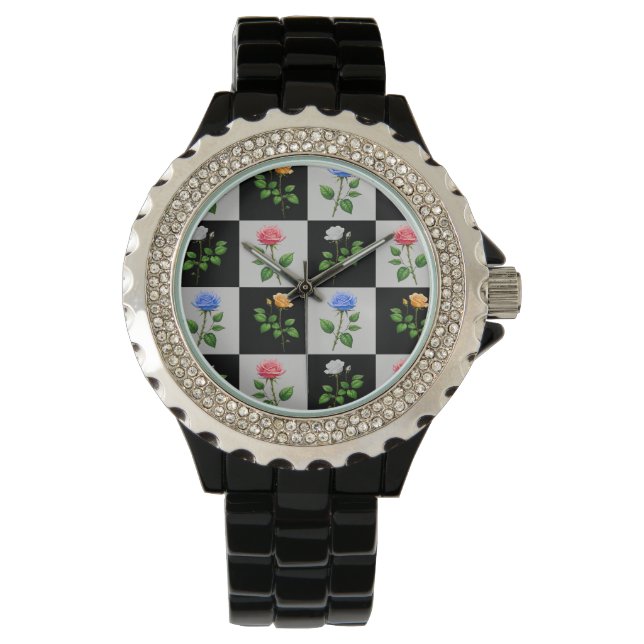 Chequered Multicolored Rose Floral Design  Watch (Front)
