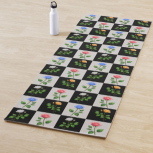 Chequered Multicolored Rose Floral Design Yoga Mat