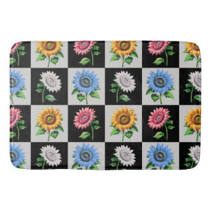 Chequered Multicolored Sunflower Floral Design Bath Mat