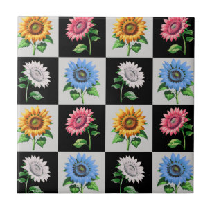 Chequered Multicolored Sunflower Floral Design Ceramic Tile