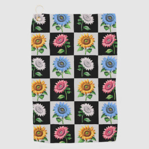 Chequered Multicolored Sunflower Floral Design  Golf Towel