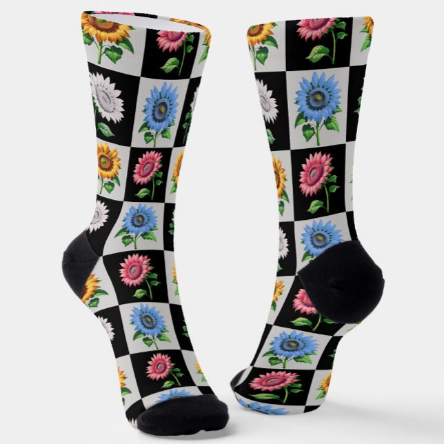 Chequered Multicolored Sunflower Floral Design  Socks (Creator Uploaded)