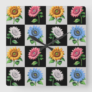 Chequered Multicolored Sunflower Floral Design Square Wall Clock