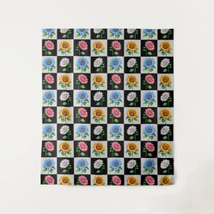 Chequered Multicolored Sunflower Floral Design  Tapestry
