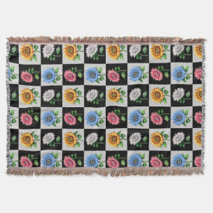 Chequered Multicolored Sunflower Floral Design Throw Blanket