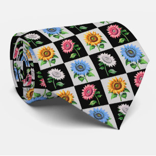 Chequered Multicolored Sunflower Floral Design Tie