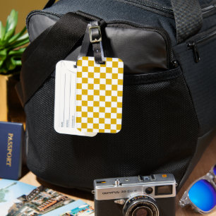 Chequered mustard yellow and White Luggage Tag