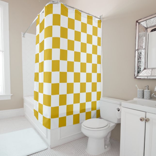 Chequered mustard yellow and White Shower Curtain (In Situ)