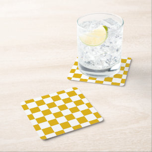 Chequered mustard yellow and White Square Paper Coaster