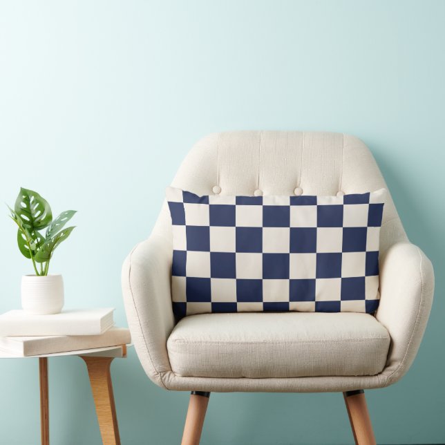 Chequered Navy Blue and Cream Lumbar Cushion (Chair)