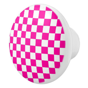Chequered Neon Pink and White  Ceramic Knob