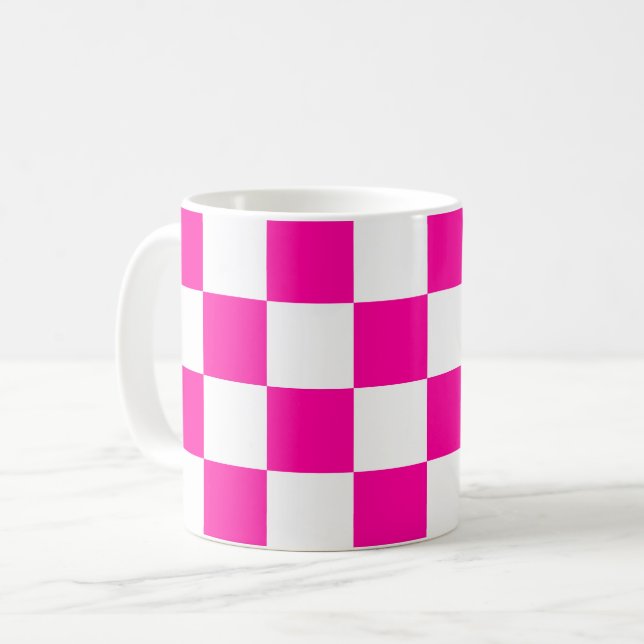 Chequered Neon Pink and White  Coffee Mug (Front Left)