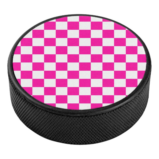 Chequered Neon Pink and White  Hockey Puck (3/4)