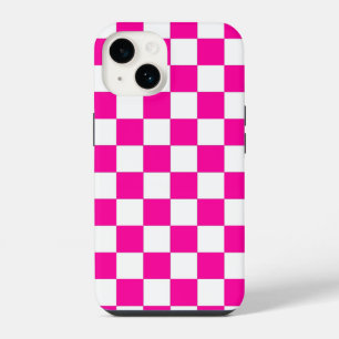 Chequered Neon Pink and White iPhone 14 Case