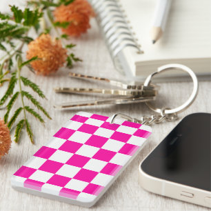Chequered Neon Pink and White Key Ring