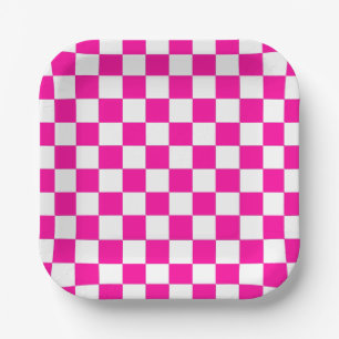 Chequered Neon Pink and White Paper Plate