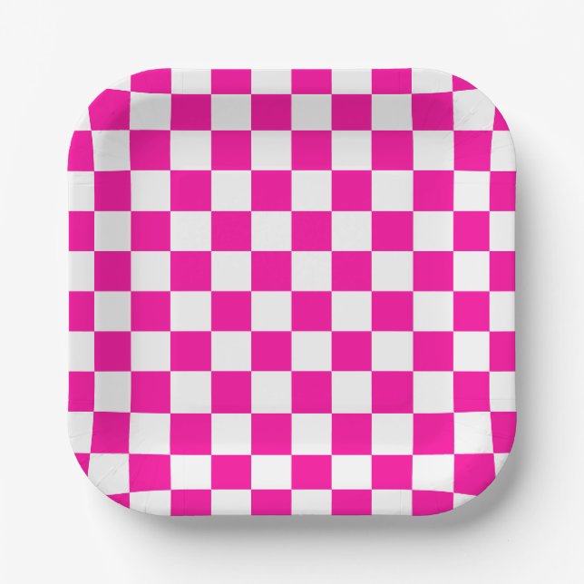 Chequered Neon Pink and White  Paper Plate (Front)