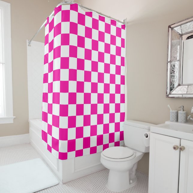 Chequered Neon Pink and White  Shower Curtain (In Situ)