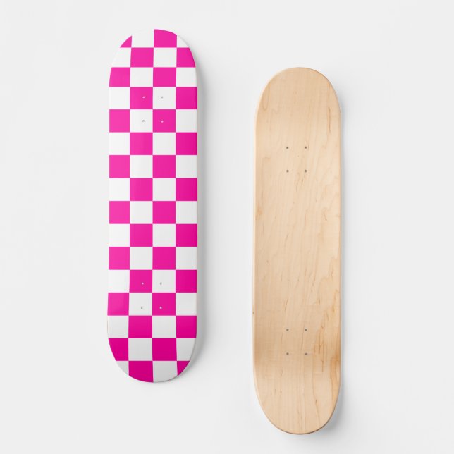Chequered Neon Pink and White  Skateboard (Front)