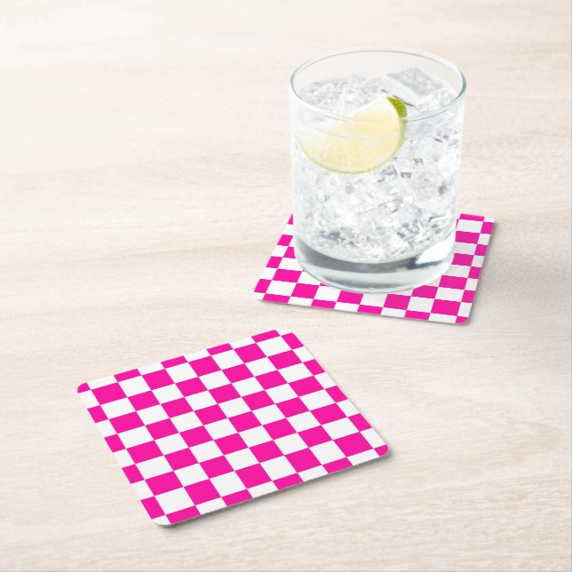 Chequered Neon Pink and White  Square Paper Coaster (Insitu)