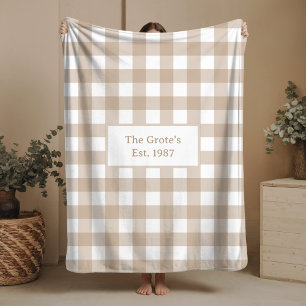 Chequered Neutral Beige Sherpa Blanket Family Name
