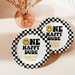 Chequered One Happy Dude 1st Birthday Smile Paper Plate