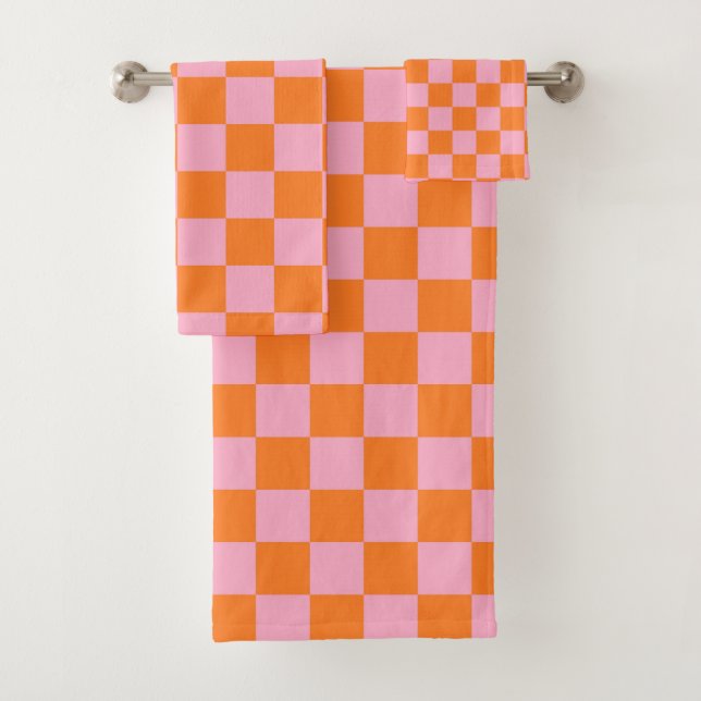 Chequered Orange and Pink Bath Towel Set (Insitu)