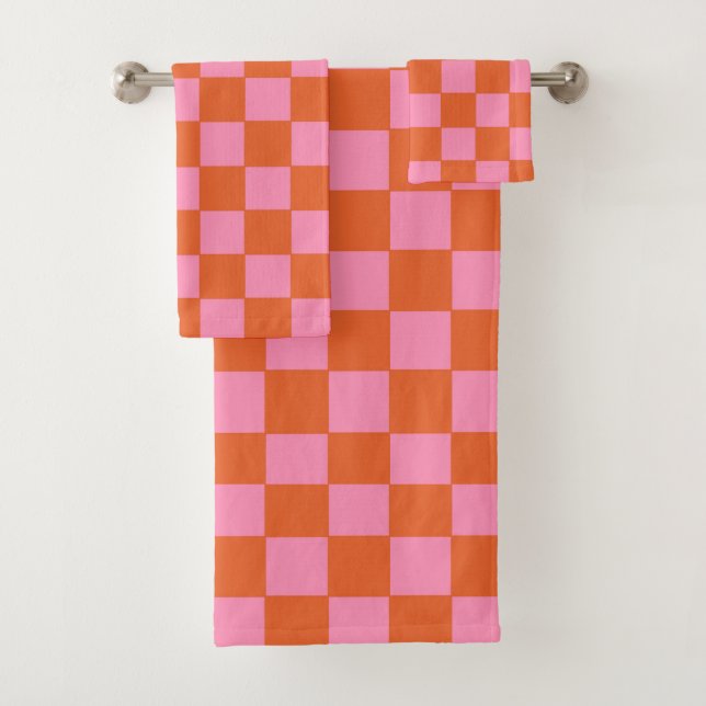 Chequered Orange and Pink  Bath Towel Set (Insitu)