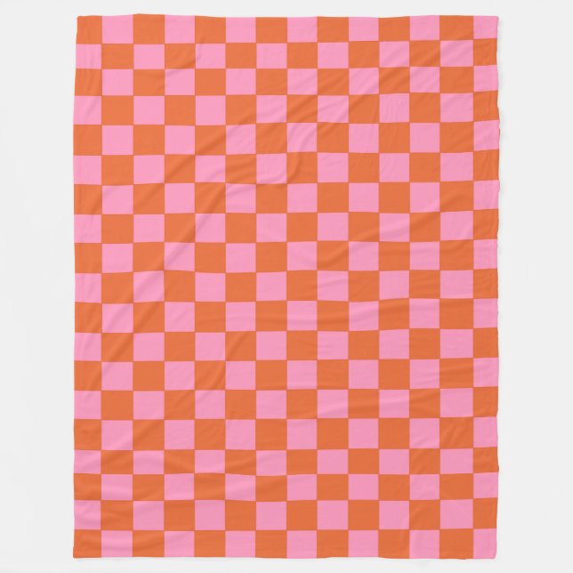 Chequered Orange and Pink  Fleece Blanket (Front)
