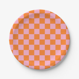 Chequered Orange and Pink Paper Plate