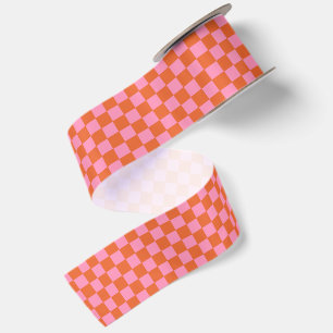 Chequered Orange and Pink Satin Ribbon
