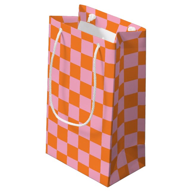 Chequered Orange and Pink Small Gift Bag (Back Angled)