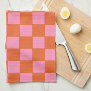 Chequered Orange and Pink  Tea Towel
