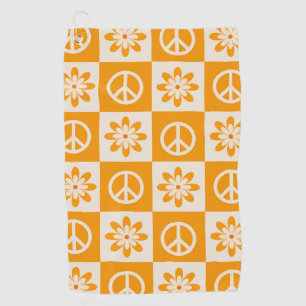 Chequered Orange Groovy Flowers and Peace Signs Golf Towel