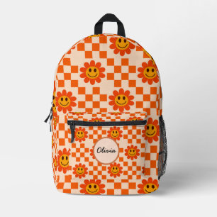 Chequered Orange Smiling Flowers Custom Name Printed Backpack