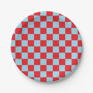 Chequered Pastel Blue and Red Paper Plate