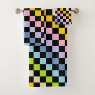 Chequered Pastel Rainbow Black Bath Towel Set