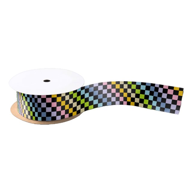 Chequered Pastel Rainbow Black Satin Ribbon (Spool)