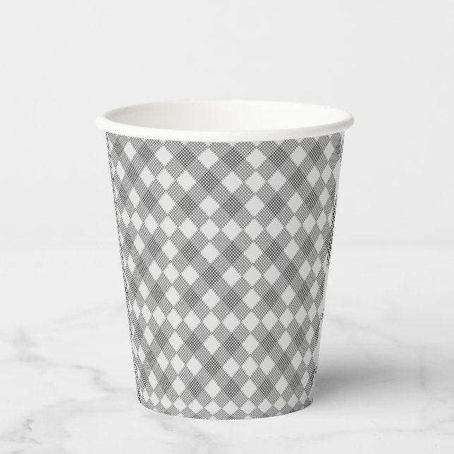 Chequered patches pattern black and white paper cups (Front)