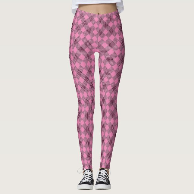 Chequered patches pattern bw Pink BG Leggings (Front)