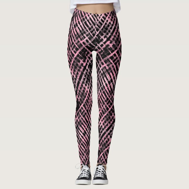 Chequered Pattern -06P.Pink Black BG Leggings (Front)
