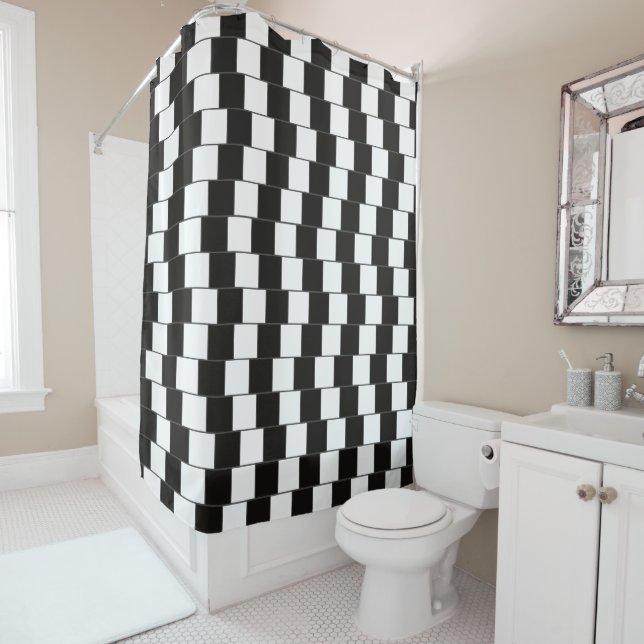 Chequered  Pattern Black & White Optical Illusion Shower Curtain (In Situ)