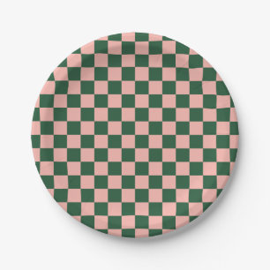 Chequered Pattern Blush Pink and Hunter Green Paper Plate