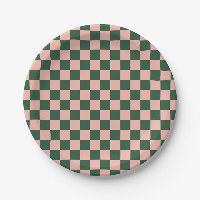 Chequered Pattern Blush Pink and Hunter Green Paper Plate (Front)