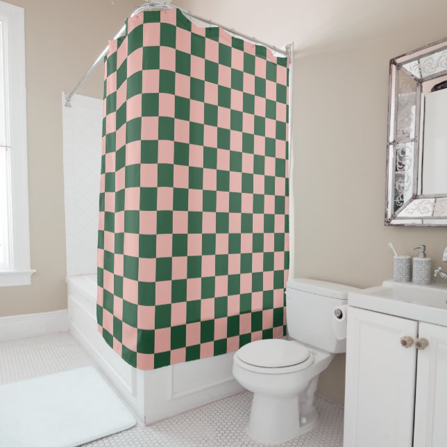 Chequered Pattern Blush Pink and Hunter Green Shower Curtain (In Situ)