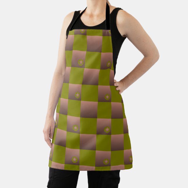 Chequered pattern in brown and olive green apron (Insitu)